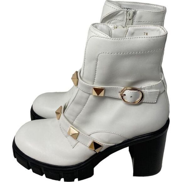 Vaneli Platform Boot Women's Size 7 M Davy White Studded Leather Buckle 4" Heel - Picture 2 of 9